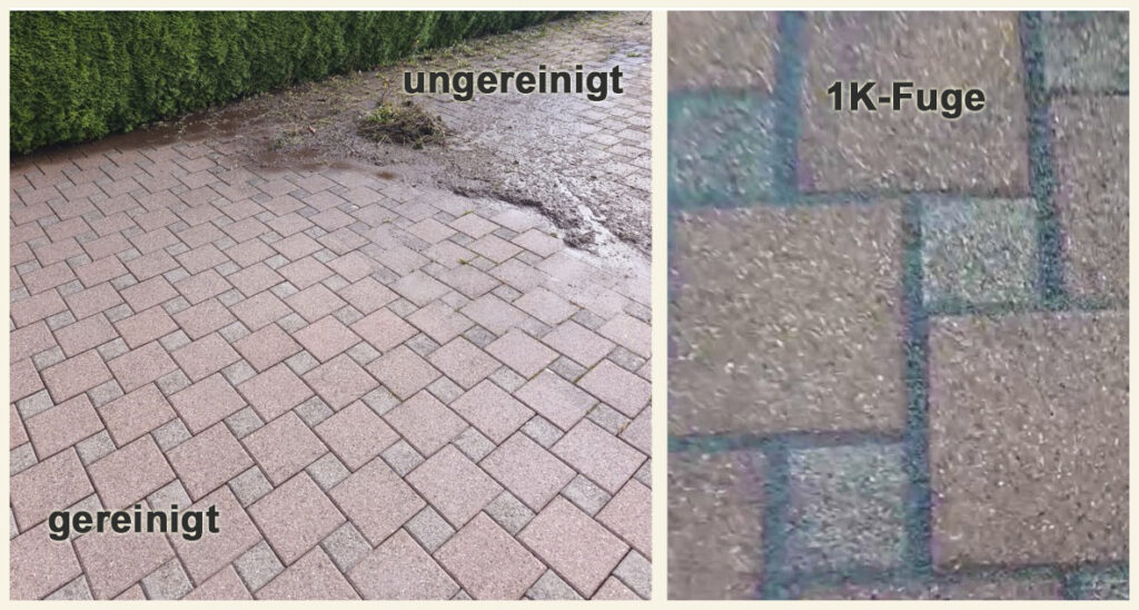 Vorher-Nachher einer Pflastersteinreinigung bzw Hofeinfahrt mit Verfugung.